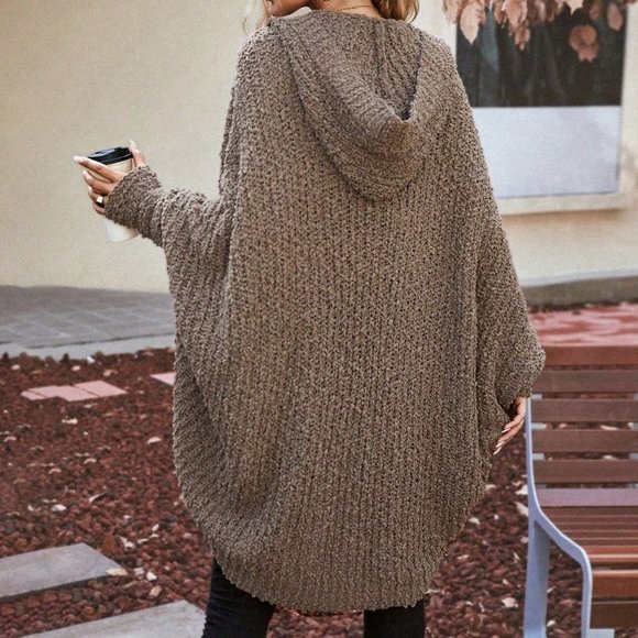 Brown Casual Womens Batwing Sleeve Hooded Duster Cardigan - Picture 5 of 7